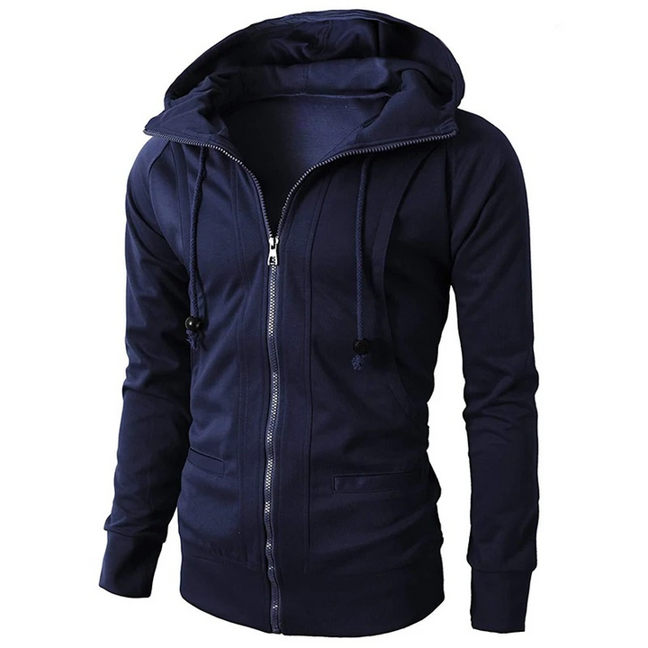 Comfortable navy men's hooded sweatshirt, great for everyday layering and relaxed casual outfits.