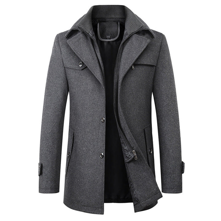 Men's classic tailored trench coat in a neutral color, perfect for elegant fall and winter outerwear.