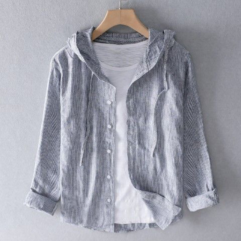 Lightweight women's striped button-up hoodie, a versatile long sleeve top for casual summer and spring outfits.