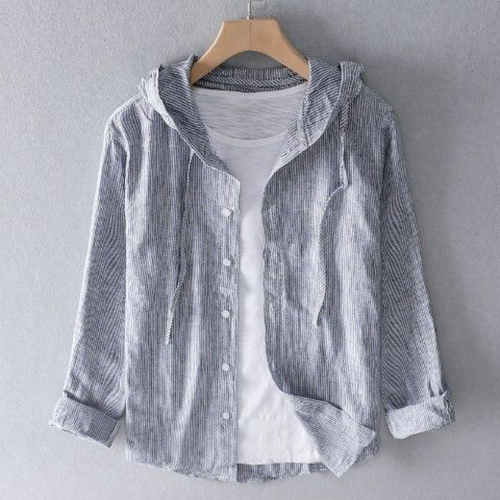 Lightweight women's striped button-up hoodie, a versatile long sleeve top for casual summer and spring outfits.