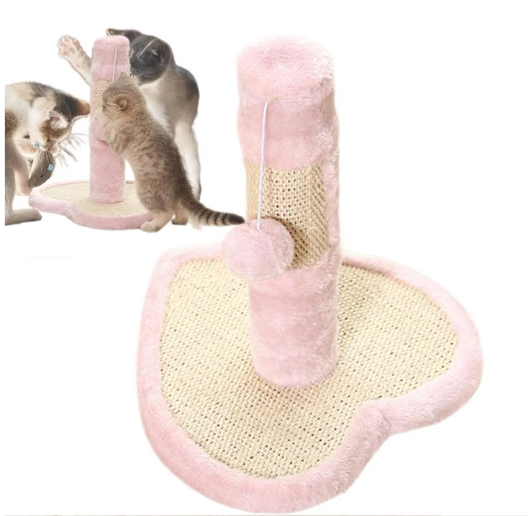 Cute cat scratcher post, heart-shaped, with sisal rope & dangling toy for active kittens.
