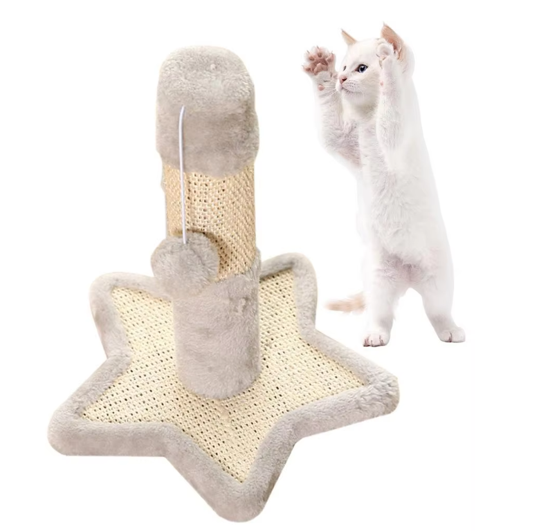 Interactive cat scratcher post, heart shaped, with a toy to keep cats entertained and active.