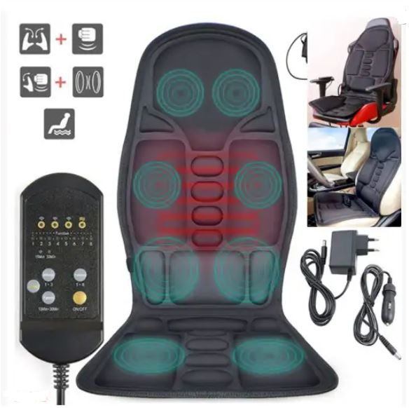 Heated massage chair pad with 8 modes for back & neck relief. Portable, therapeutic black massager for home or car.