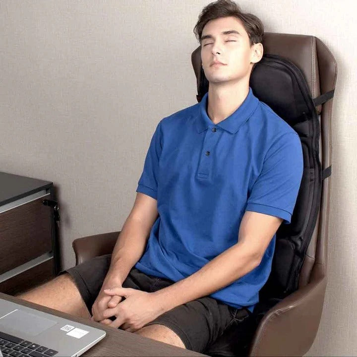 Portable therapeutic heated massage cushion for back & neck pain relief. Black chair massager for personal relaxation.