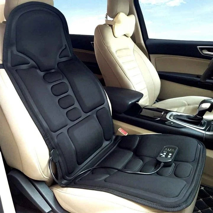 Sleek black heated massage pad & neck massager. Versatile chair cushion for home comfort, car accessory, & back relief.