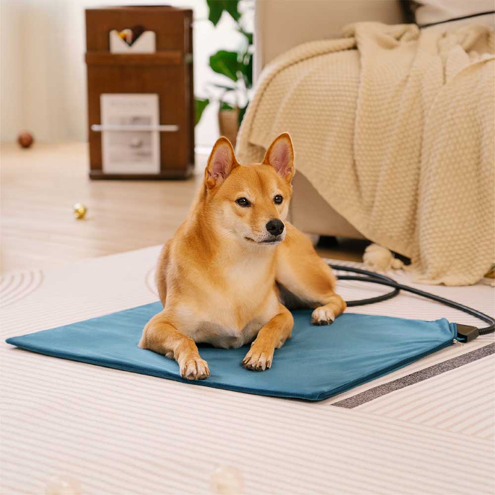 Heated pet pad for dogs & cats, waterproof & chewproof, with cozy faux fur cover for winter comfort.