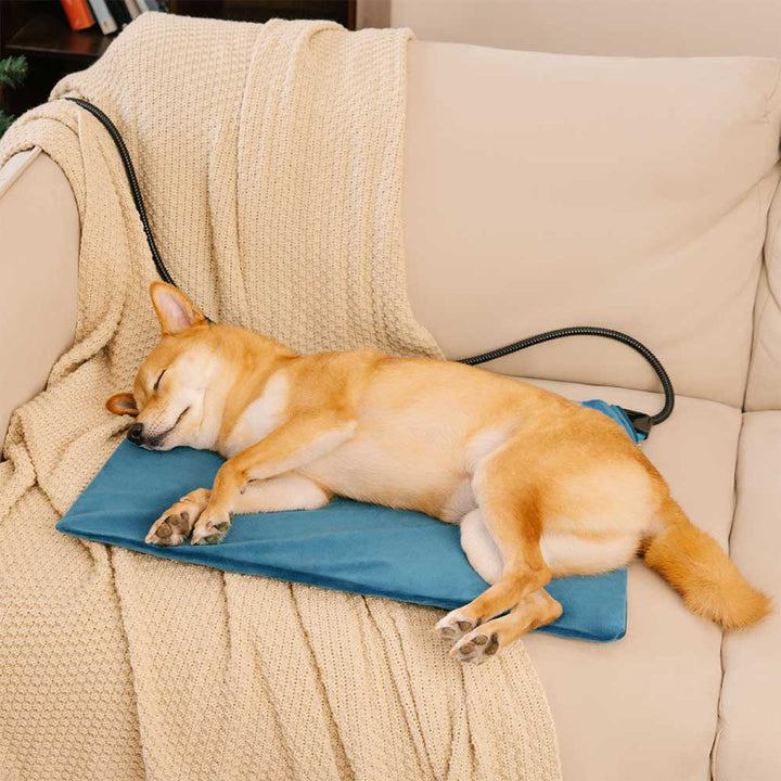 Waterproof and chew-resistant heated pet pad, showcasing its sturdy design for long-lasting use.