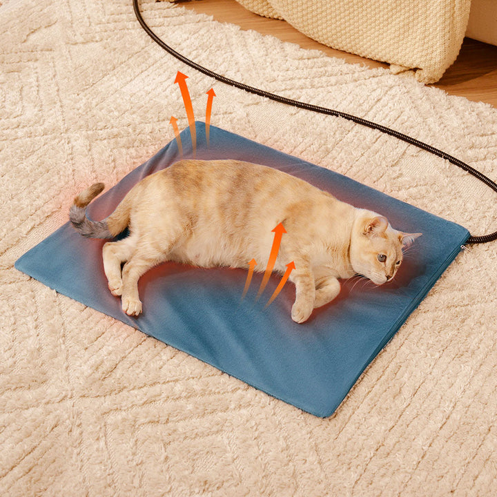 Waterproof pet heating pad with chew-resistant cord, providing warmth for dogs and cats on chilly days.