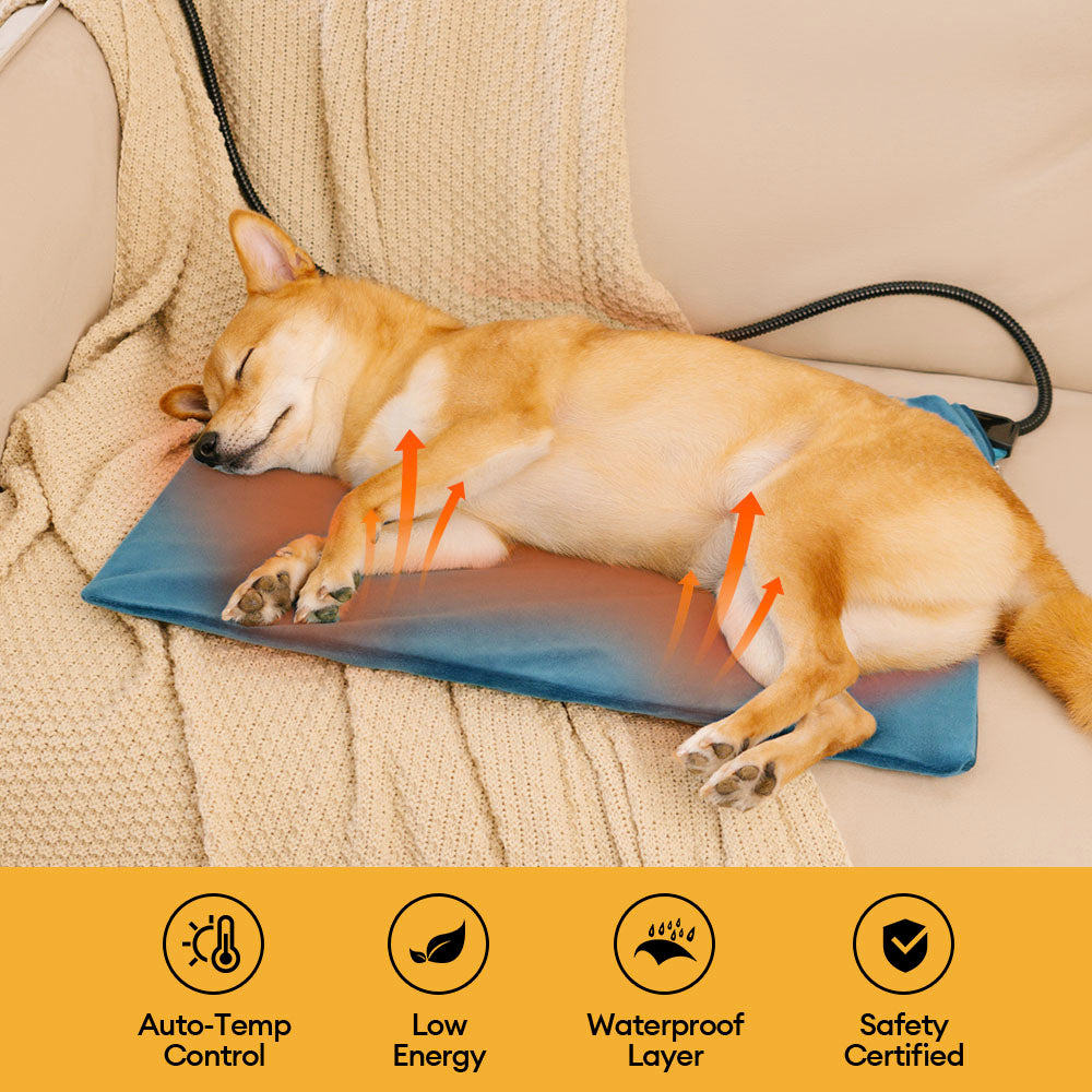 Close-up of a heated dog mat, showing soft fabric texture and durable, chew-proof construction.