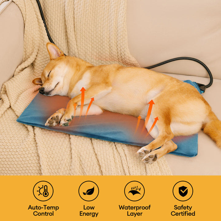 Close-up of a heated dog mat, showing soft fabric texture and durable, chew-proof construction.