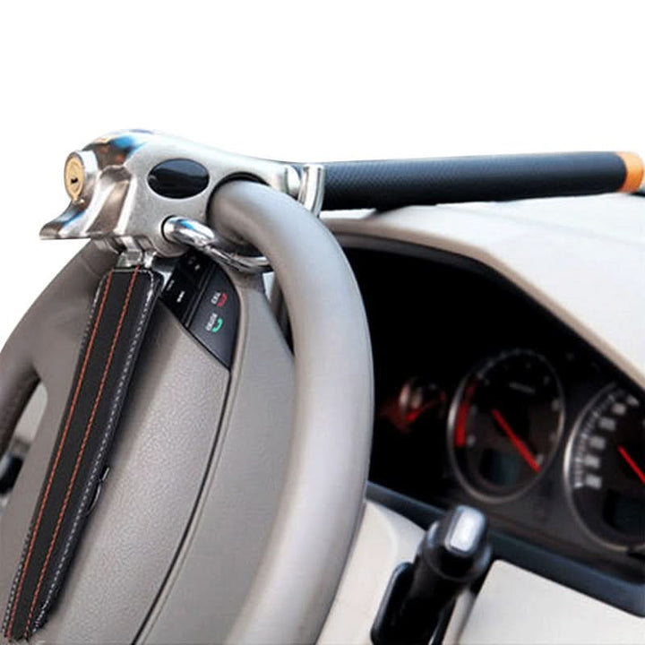 Robust anti-theft security lock for car steering wheels; durable heavy-duty vehicle protection.