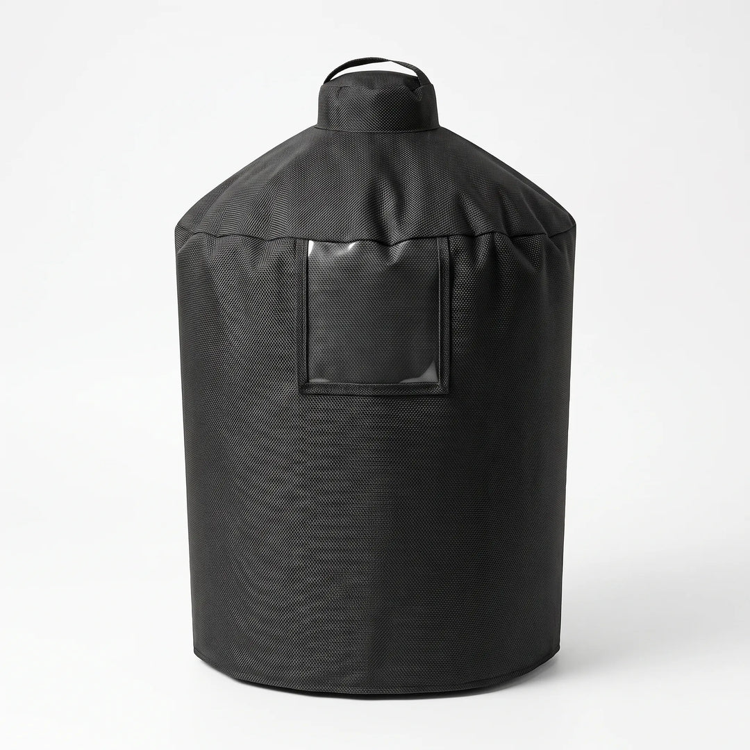 Cylindrical heavy-duty BBQ grill cover. Offers waterproof and UV-resistant outdoor protection for patio BBQs.