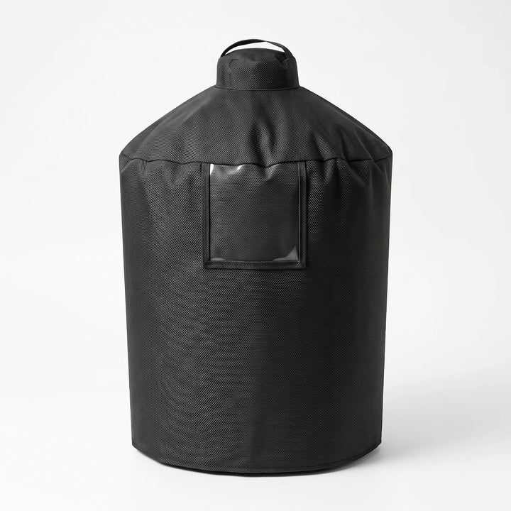 Cylindrical heavy-duty BBQ grill cover. Offers waterproof and UV-resistant outdoor protection for patio BBQs.