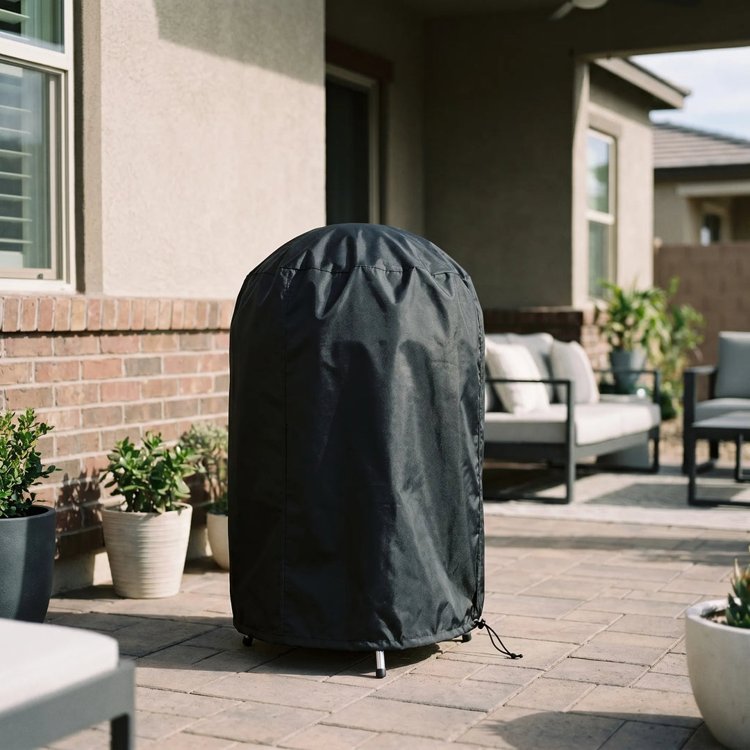 Heavy-duty outdoor round grill cover providing weather-resistant protection for kettle grills and BBQ appliances.