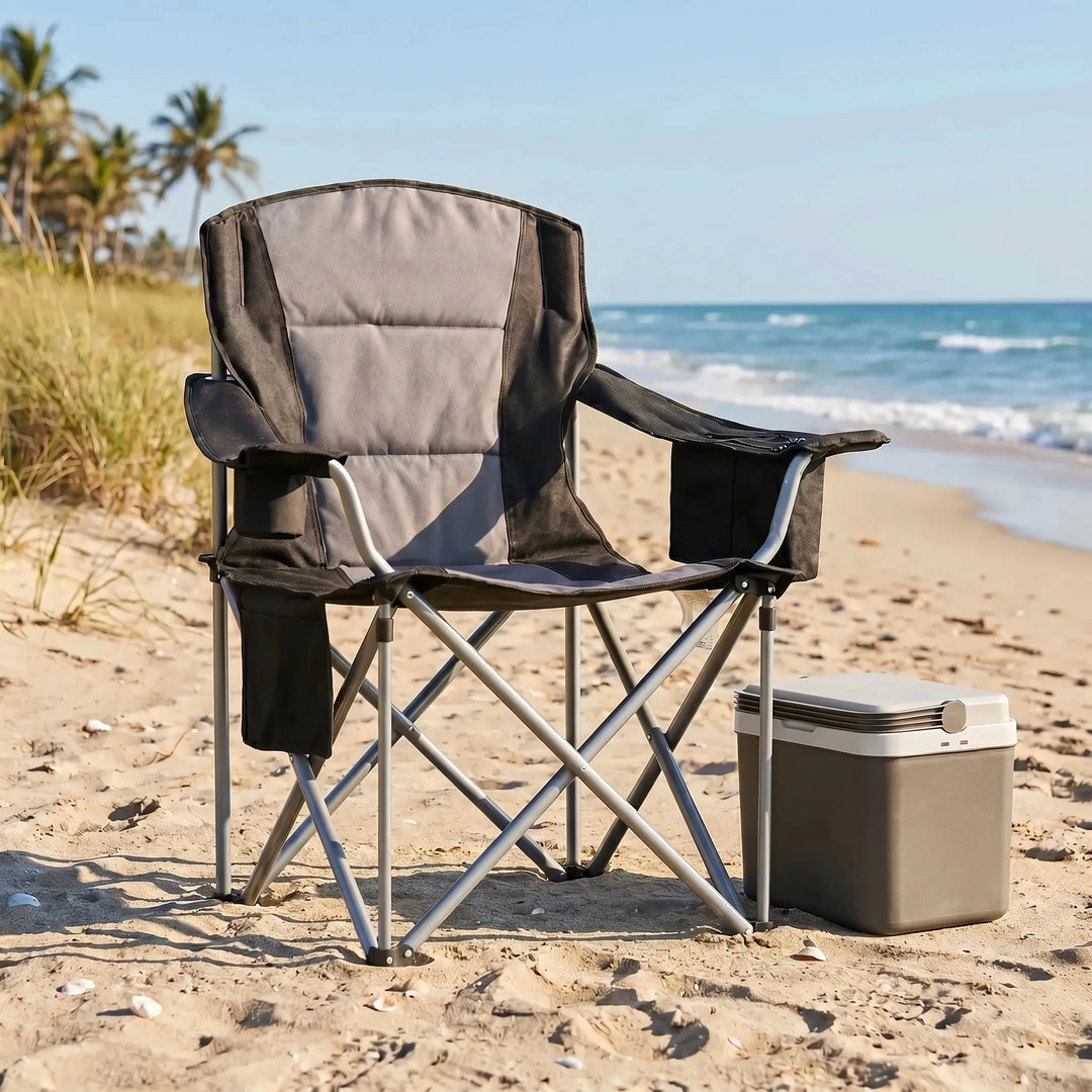 Heavy duty portable folding camping chair, perfect for outdoor comfort & travel. Durable and compact for any adventure.