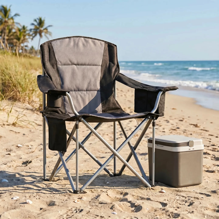 Heavy duty portable folding camping chair, perfect for outdoor comfort & travel. Durable and compact for any adventure.