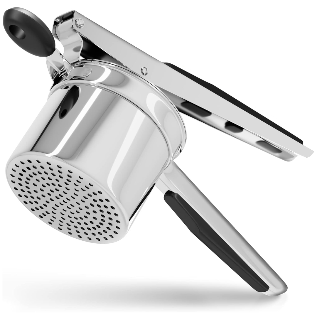Heavy-duty stainless steel potato masher for perfect, smooth mashed potatoes. Durable kitchen tool.