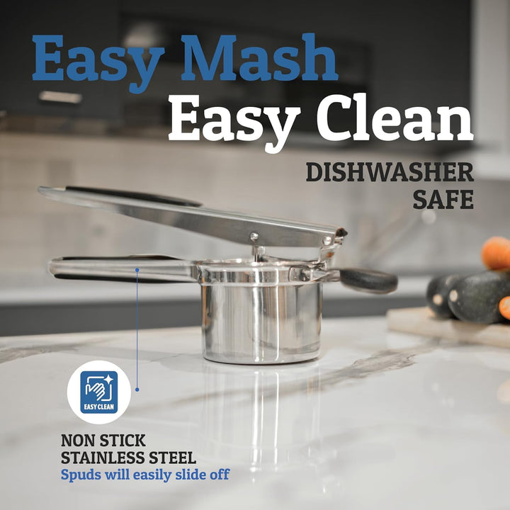 Ergonomically designed stainless steel potato masher with comfortable grip for efficient mashing.