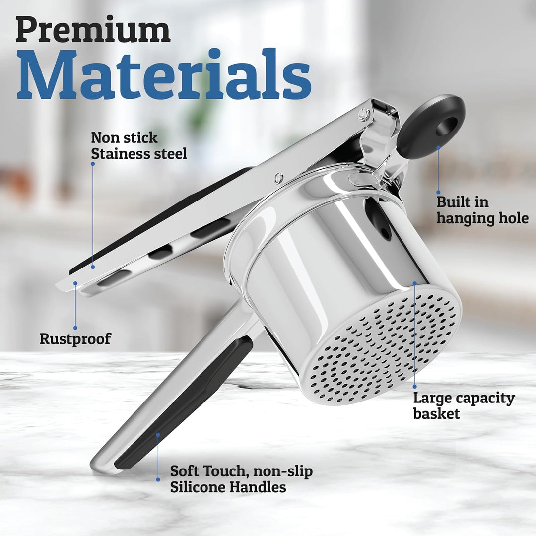Professional-grade heavy-duty stainless steel potato masher, a durable cooking utensil for your kitchen.