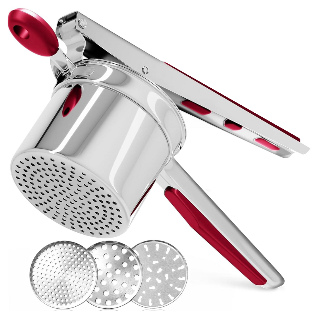 Ergonomic stainless steel potato masher for effortlessly smooth mashed potatoes and other root vegetables.