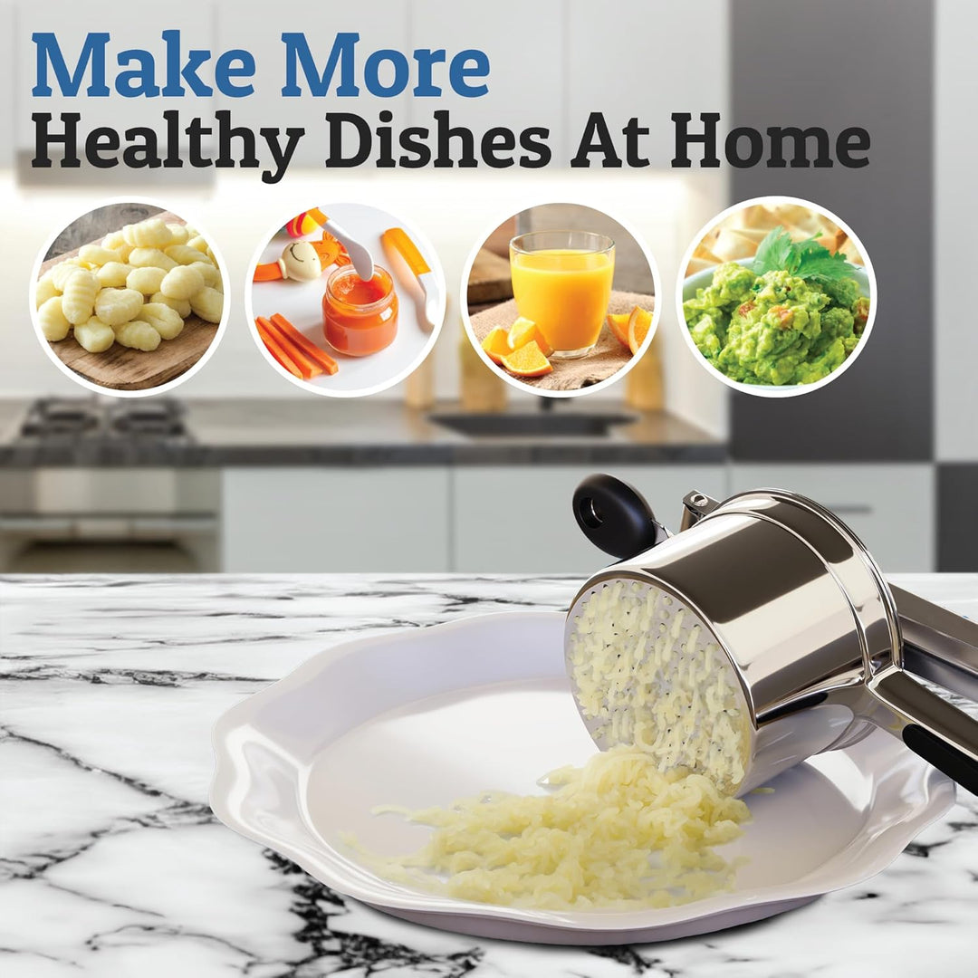 Hand holding a heavy-duty stainless steel potato masher, making smooth mashed potatoes in a bowl.