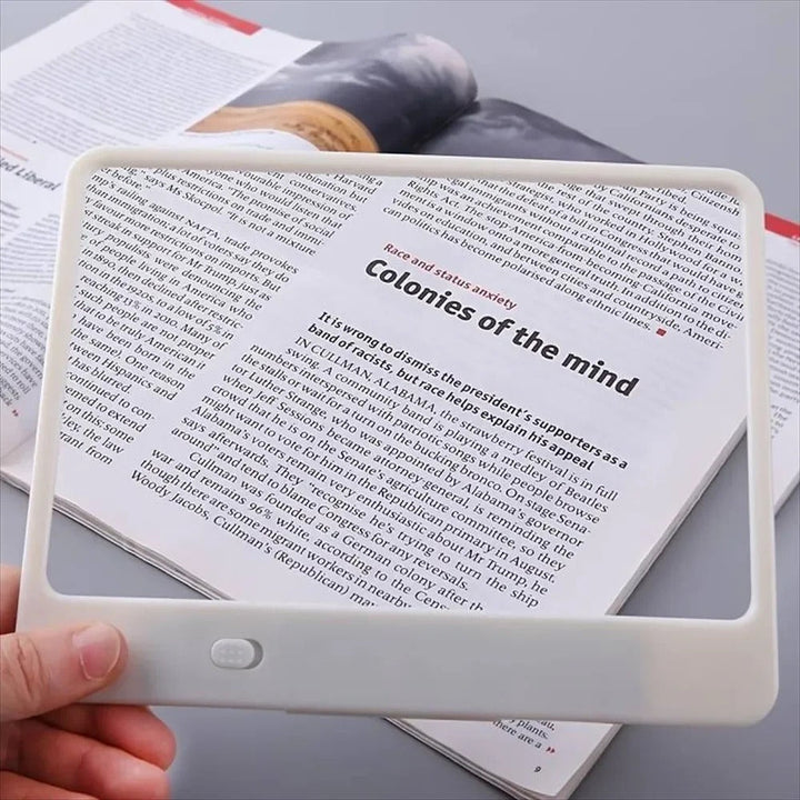 Handheld LED reading magnifier with light for clear vision. Ideal for books, maps, and small print.