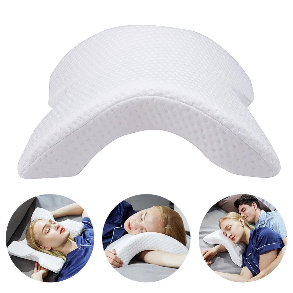 Ergonomic memory foam pillow providing essential neck and back support for restful sleep or naps.