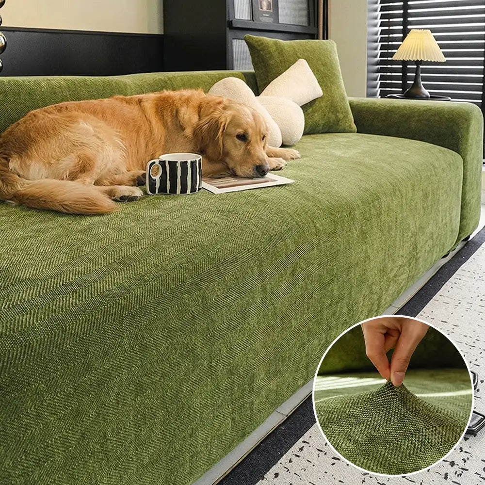 Herringbone chenille sofa cover, pet-friendly, stretch fabric for furniture protection