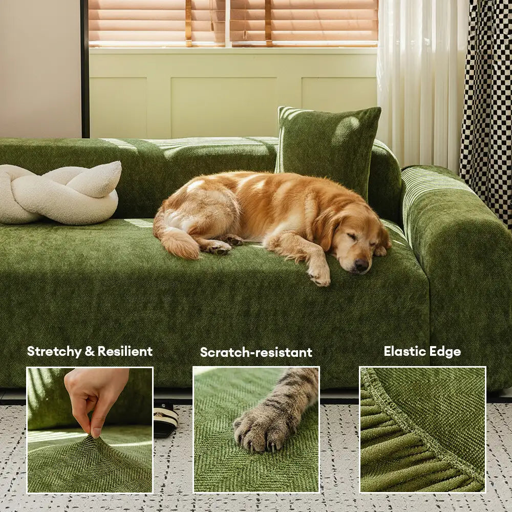 Soft chenille sofa cover in herringbone weave, robust for pet claws and spills