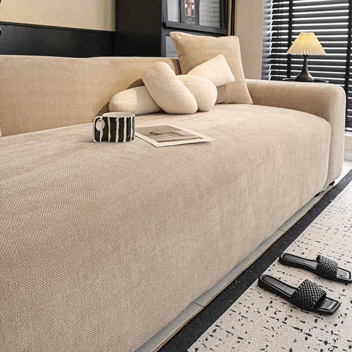 Machine washable herringbone chenille sofa cover, perfect for homes with pets
