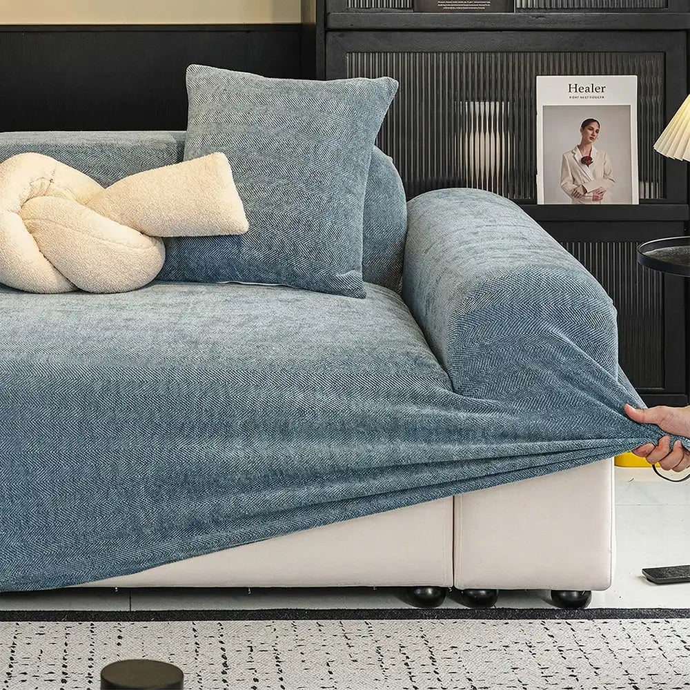 Textured herringbone chenille furniture protector, designed for both comfort and pets