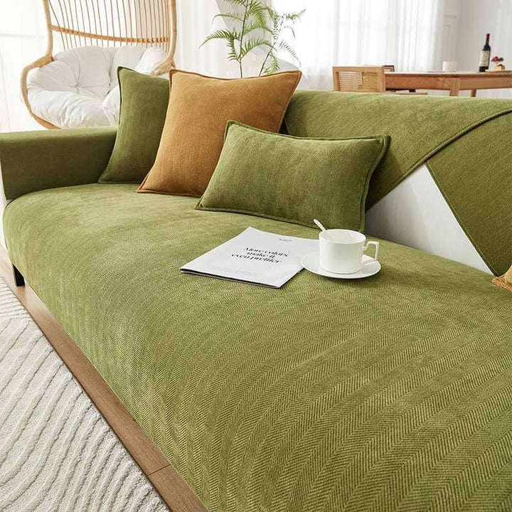 Herringbone chenille cushion cover on a modern sofa, eco-friendly design