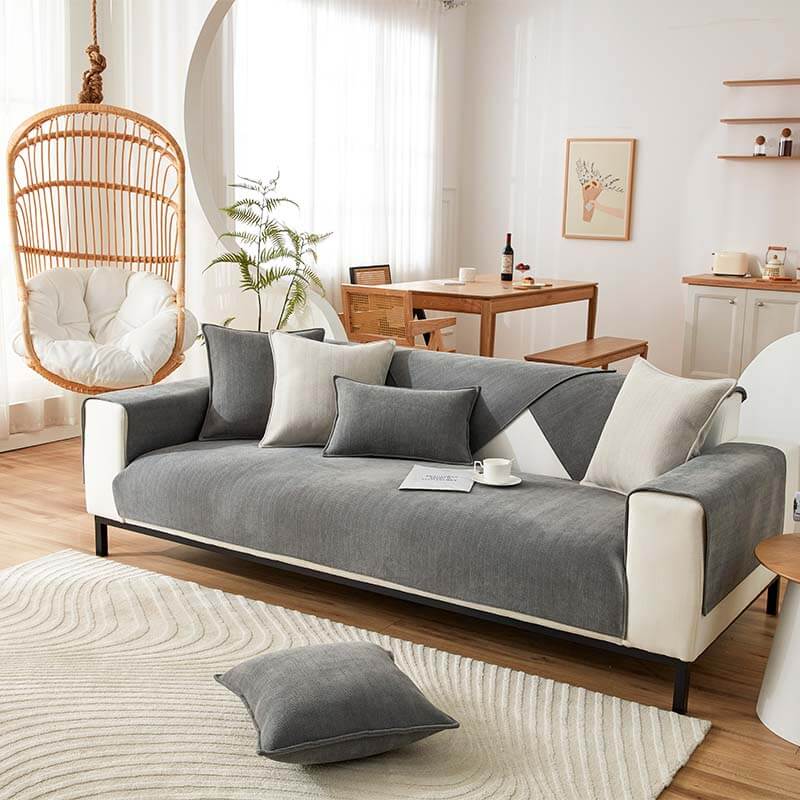 Herringbone chenille sofa cushion cover protecting upholstery from spills