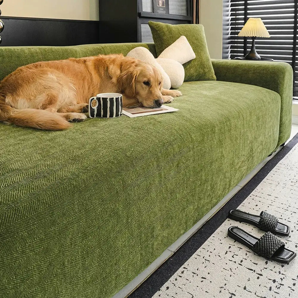 Herringbone stretch sofa cover in a chic gray, offering full coverage and furniture protection for living room.