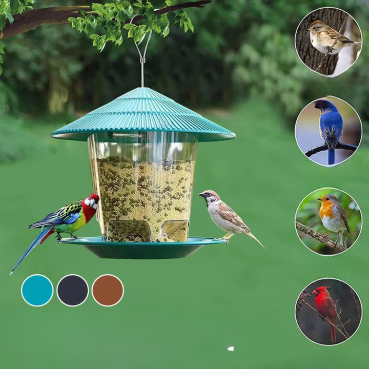 Large capacity hexagonal bird feeder, automatic seed dispenser, weatherproof outdoor decor