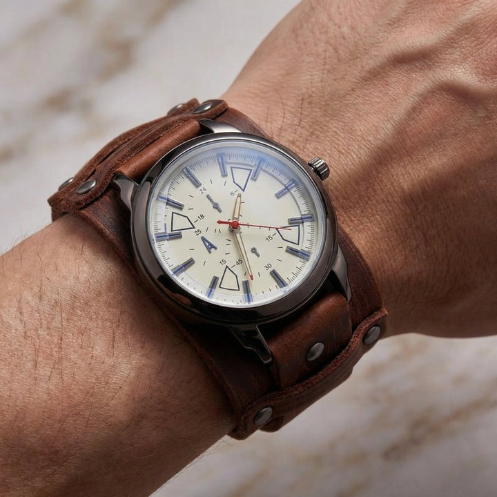 Casual men's oversized vintage leather watch. Quartz movement, rugged design, ideal for street style.