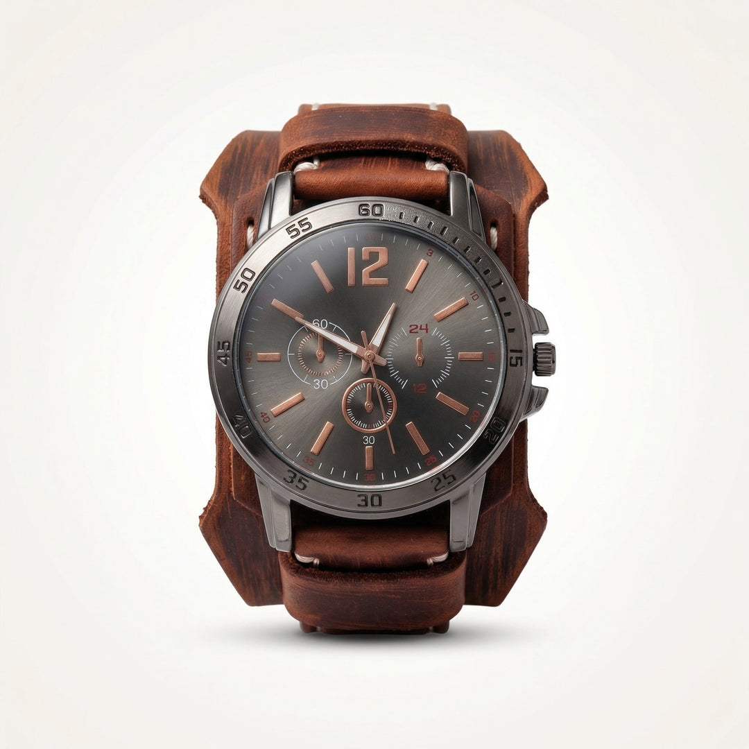 Men's oversized vintage leather watch with rugged brown strap, quartz movement, ideal for casual street style.