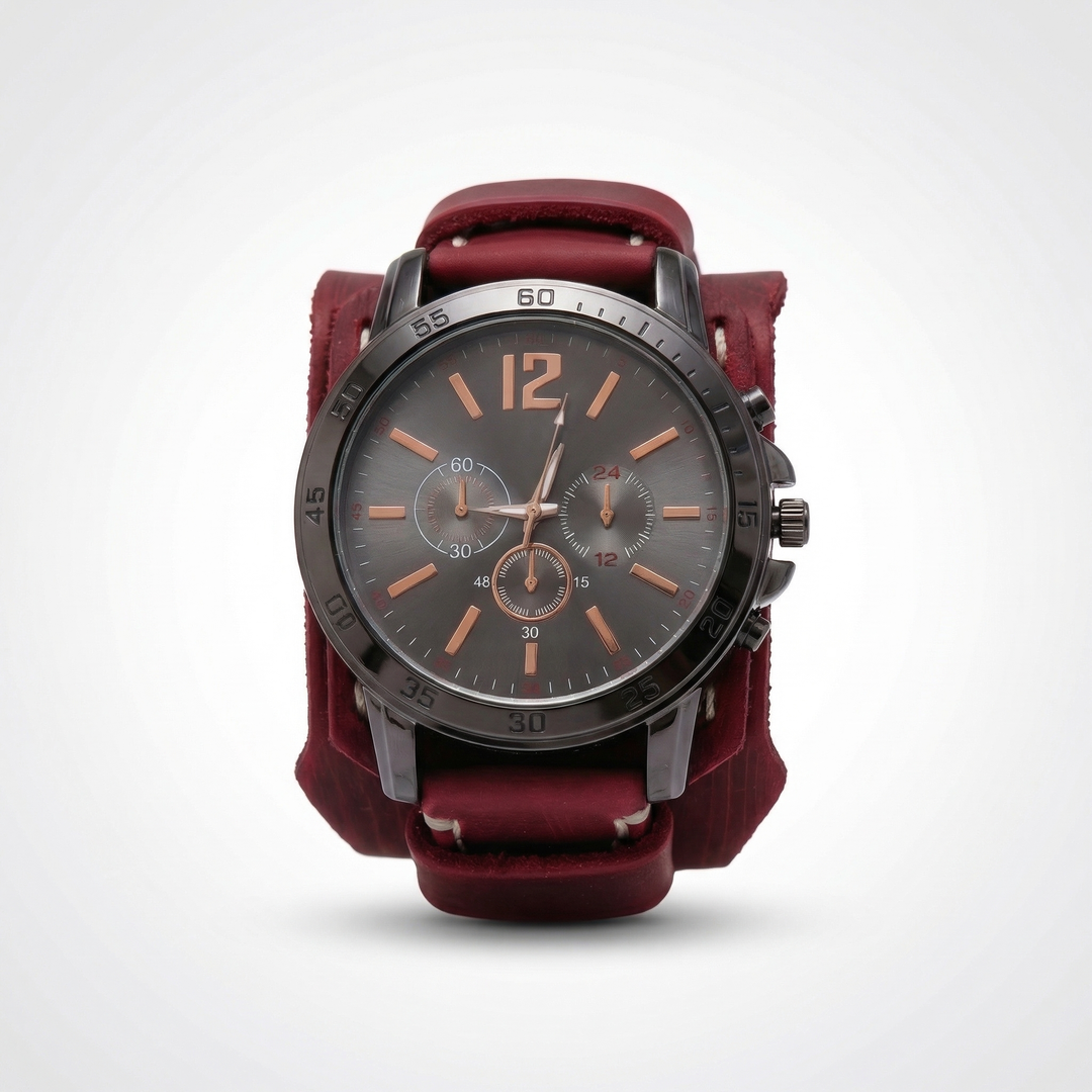 Stylish men's oversized vintage leather watch. Punk street style with a rugged brown strap & quartz movement.