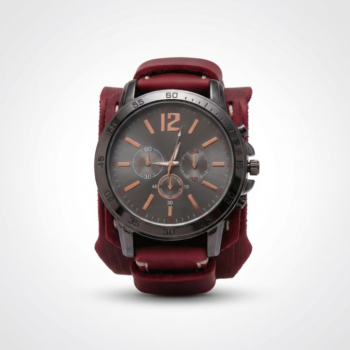 Stylish men's oversized vintage leather watch. Punk street style with a rugged brown strap & quartz movement.