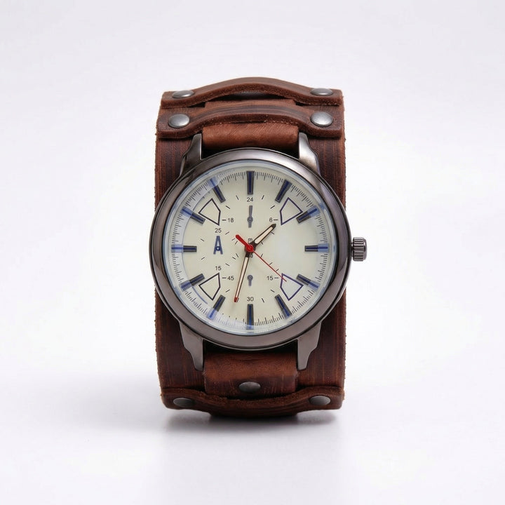 Rugged men's oversized vintage leather watch. Brown strap, classic dial, perfect for casual or street style.