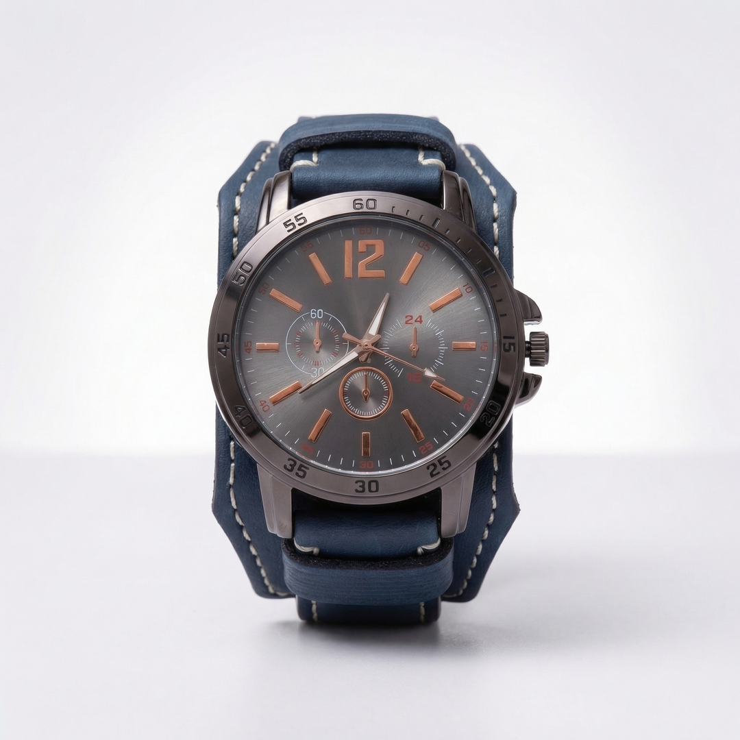 Men's oversized vintage watch with a dark brown leather strap. Casual, rugged, and punk street style.