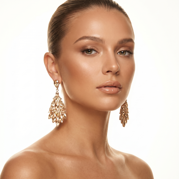 Close-up of sparkling crystal drop earrings for women, featuring elegant rhinestone design. Dazzling jewelry.