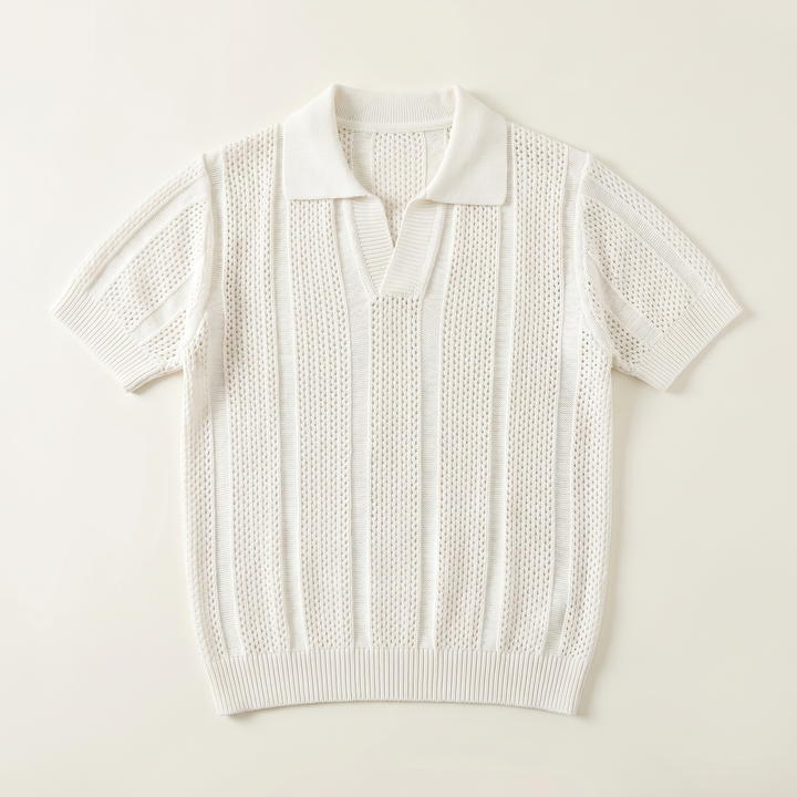 Close-up of men's breathable polo fabric, highlighting comfort & quality. Perfect summer shirt texture.