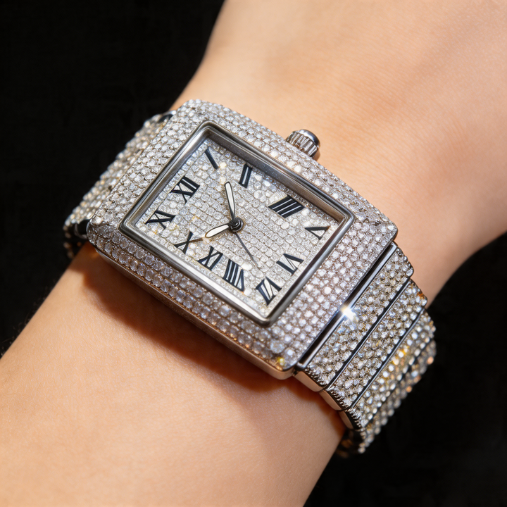 Silver men's iced square watch, featuring a dazzling iced bezel and square face.