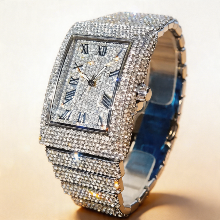 Sophisticated men's iced square watch, a premium statement accessory combining style and precision.
