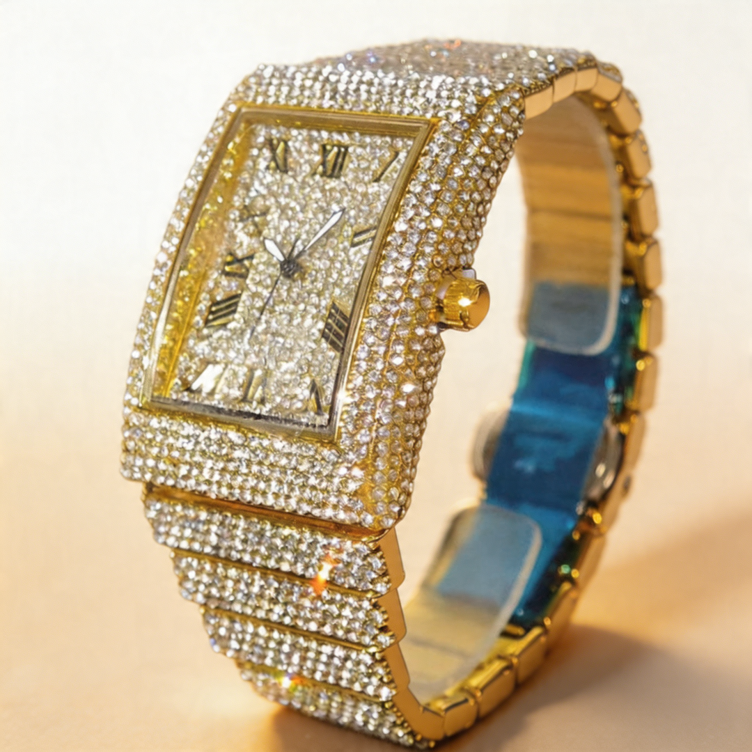 Modern men's iced square face watch with shimmering stones, elevating your luxury fashion.