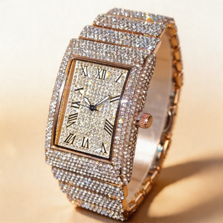 Fashionable men's iced square watch, a bold luxury statement piece with a unique design.