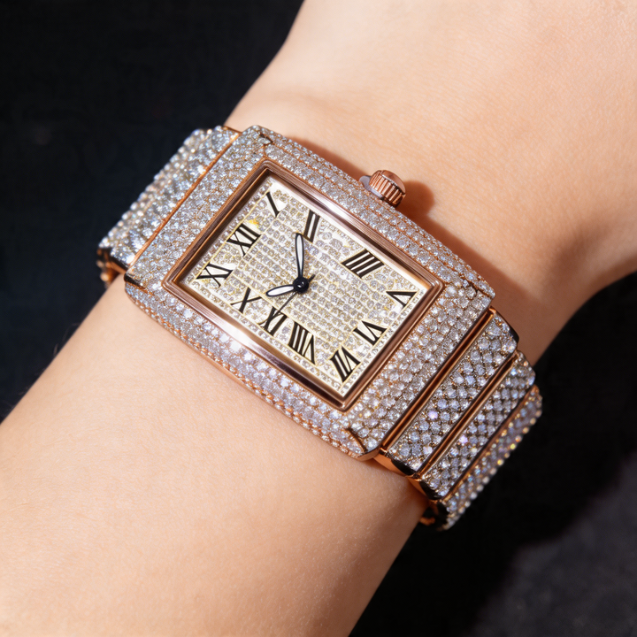 Men's iced square face watch, a luxurious statement accessory with brilliant stones.