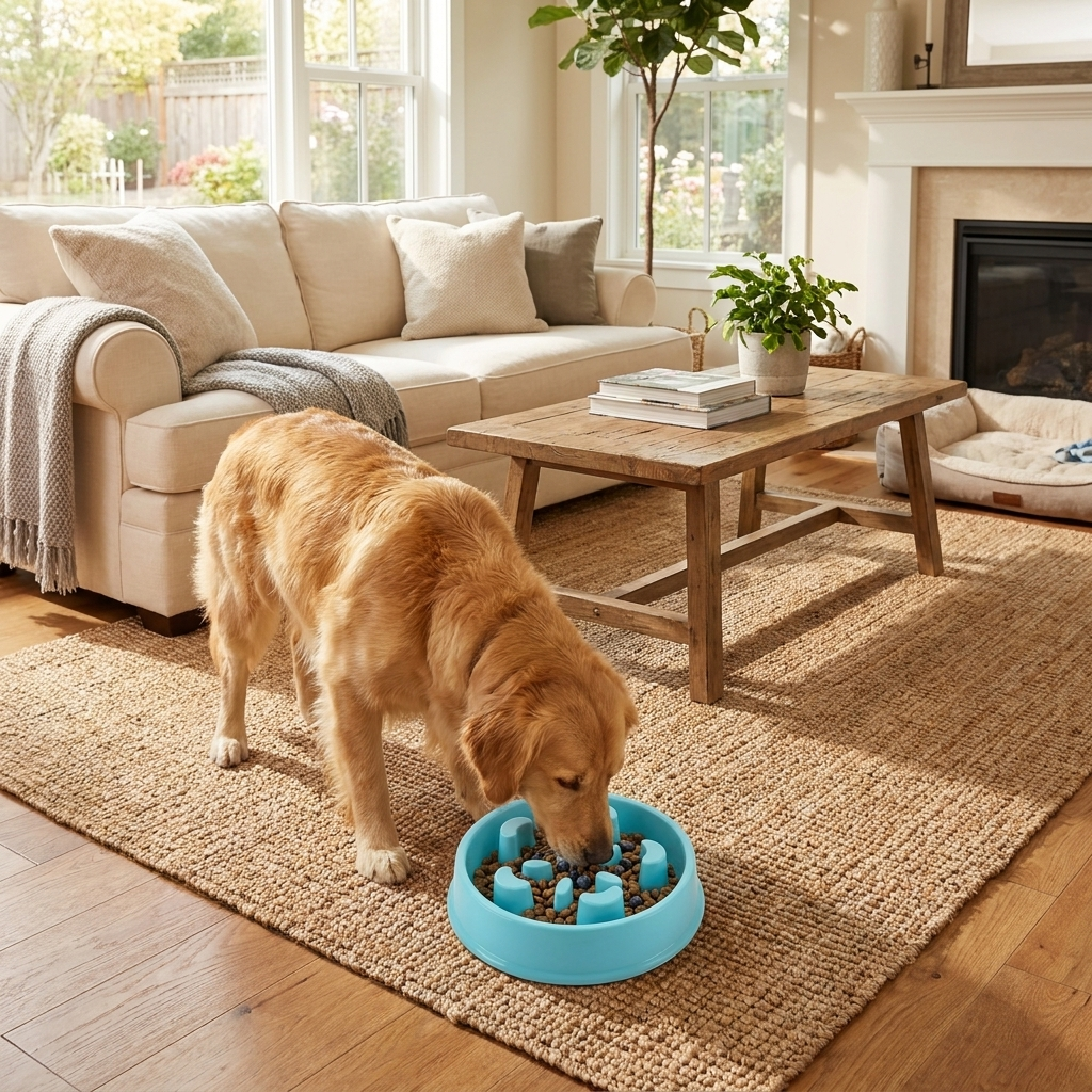 Green anti-choke slow feeder dog bowl with non-slip base for healthy eating & improved digestion.