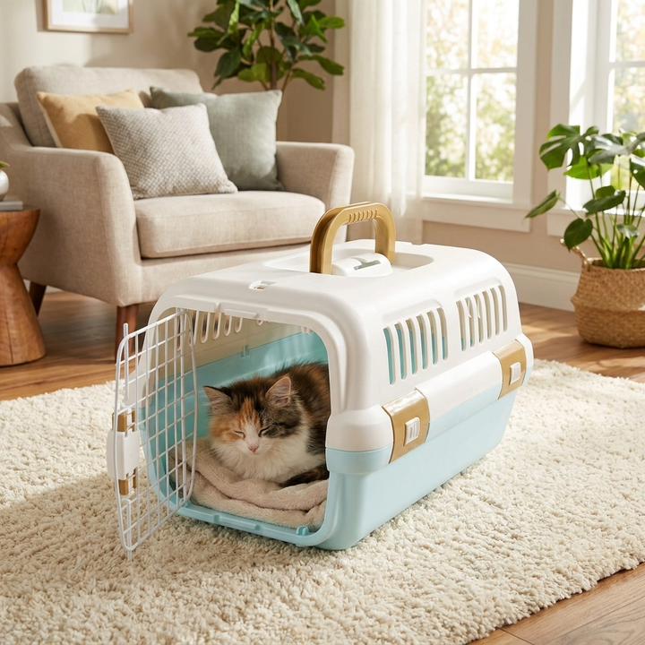 Lockable, breathable pet cat carrier for secure and comfortable travel. Ideal for small animals.